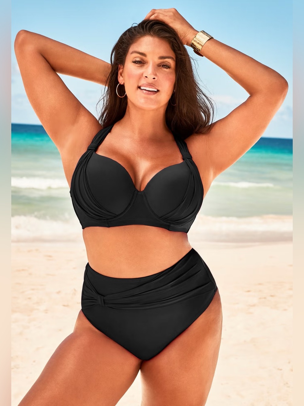 🆕 Swimsuits for All Drape Front Underwire Bikini Top Black Curvy Beach Vacation